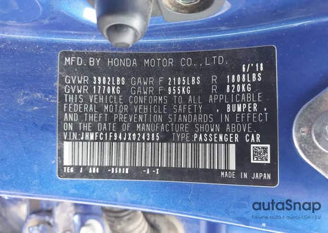 2018 Honda Civic Touring из США, поврежденный, VIN JHMFC1F94JX024385